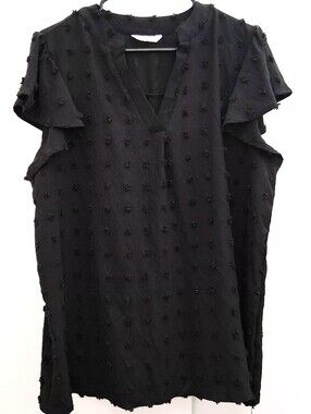 FANTASLOOK Black Textured Short Sleeve V-Neck Tee Top Size XXL